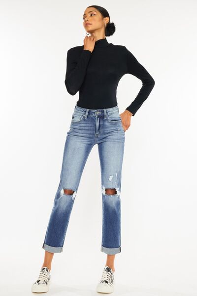 Rebel High Waist Distressed Hem Detail Cropped Straight Jeans