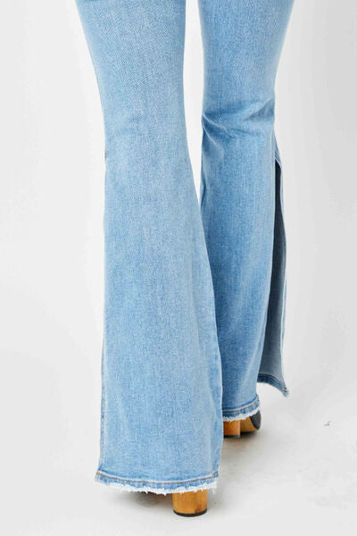 Lily Mid Rise Raw Hem High Slit Flare Jeans