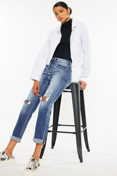 Rebel High Waist Distressed Hem Detail Cropped Straight Jeans