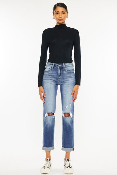 Rebel High Waist Distressed Hem Detail Cropped Straight Jeans