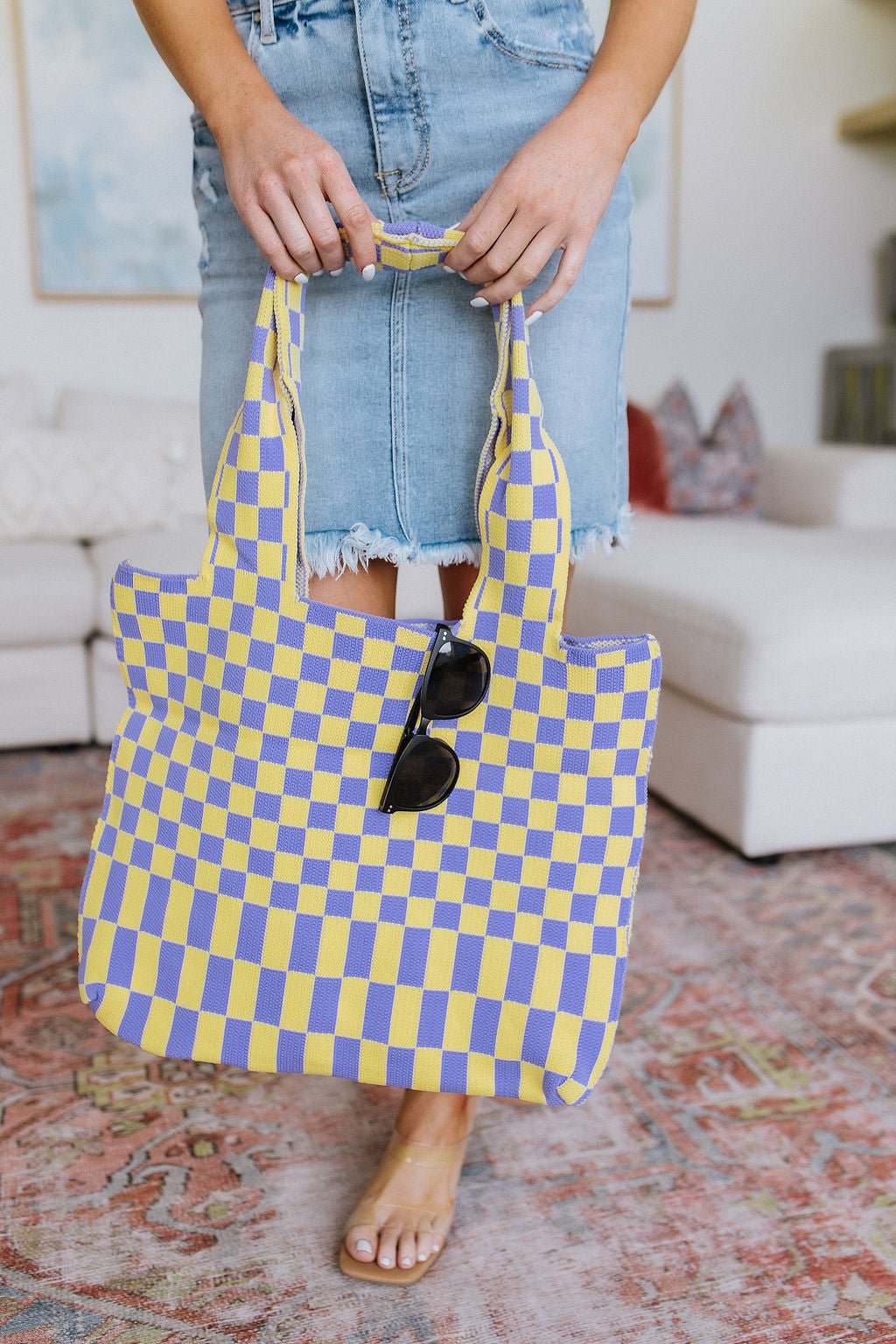 Checkerboard Lazy Wind Big Bag in Lilac & Yellow - Driftwood Boutique