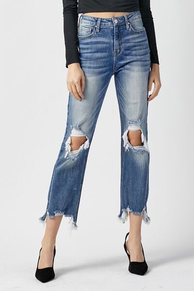 Cody High Rise Frayed Hem Distressed Cropped Straight Jeans