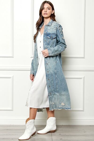 Kelsie Full Length Raw Hem Pearl Detail Button Up Jacket
