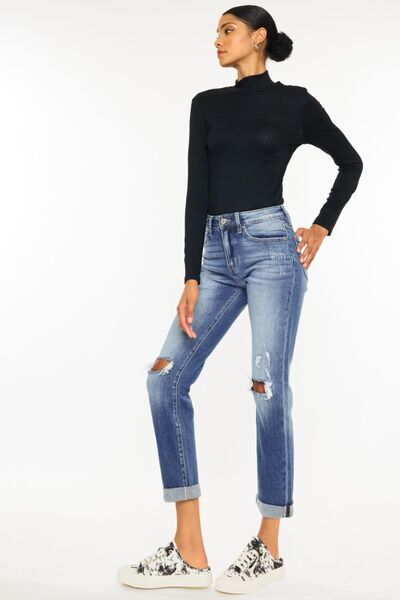 Rebel High Waist Distressed Hem Detail Cropped Straight Jeans