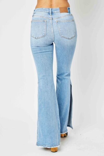 Lily Mid Rise Raw Hem High Slit Flare Jeans