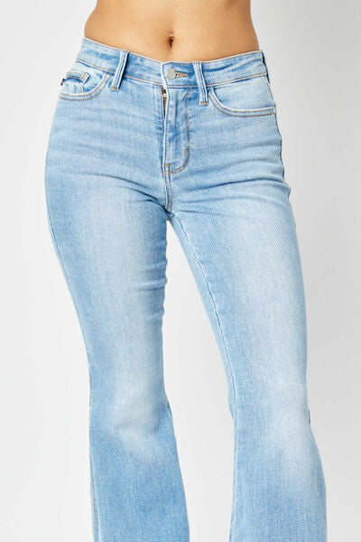 Lily Mid Rise Raw Hem High Slit Flare Jeans