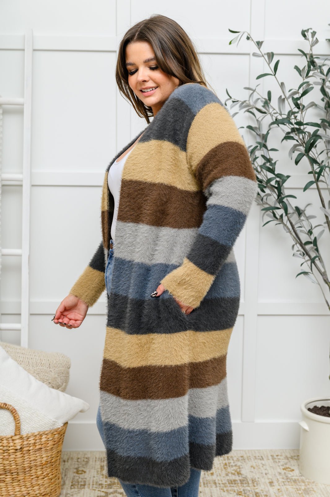 Fuzzy Longline Cardigan In Blue & Cocoa - Driftwood Boutique