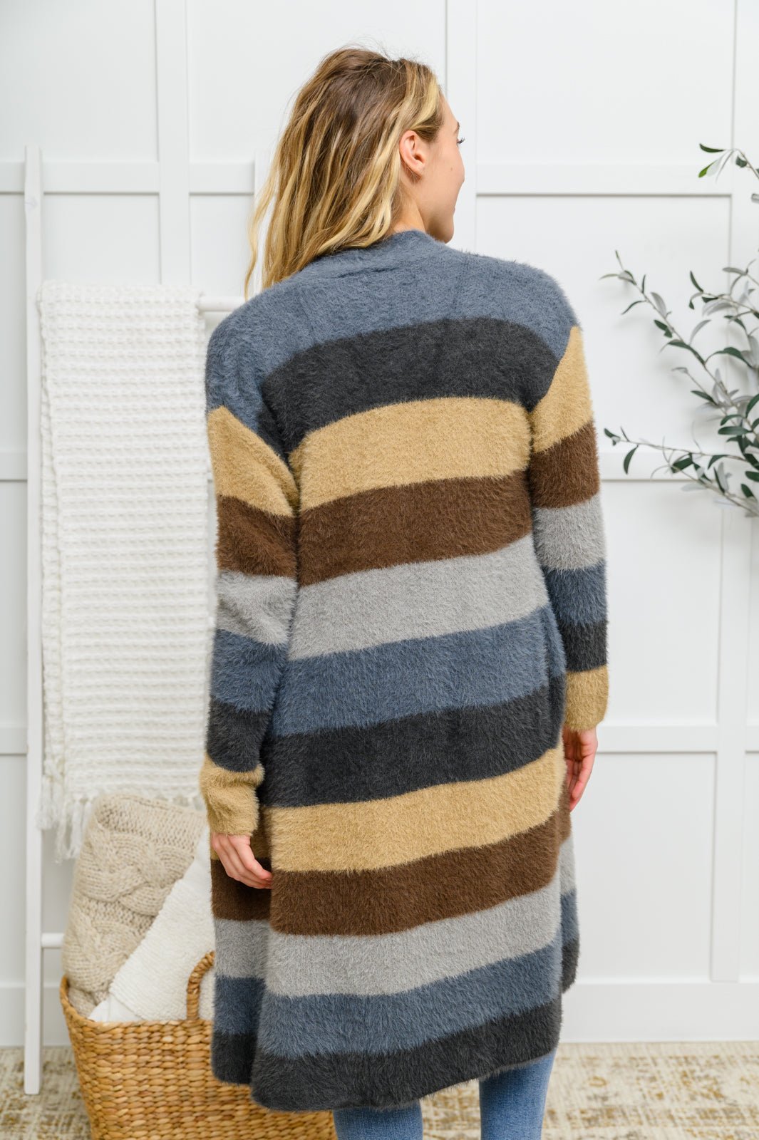 Fuzzy Longline Cardigan In Blue & Cocoa - Driftwood Boutique