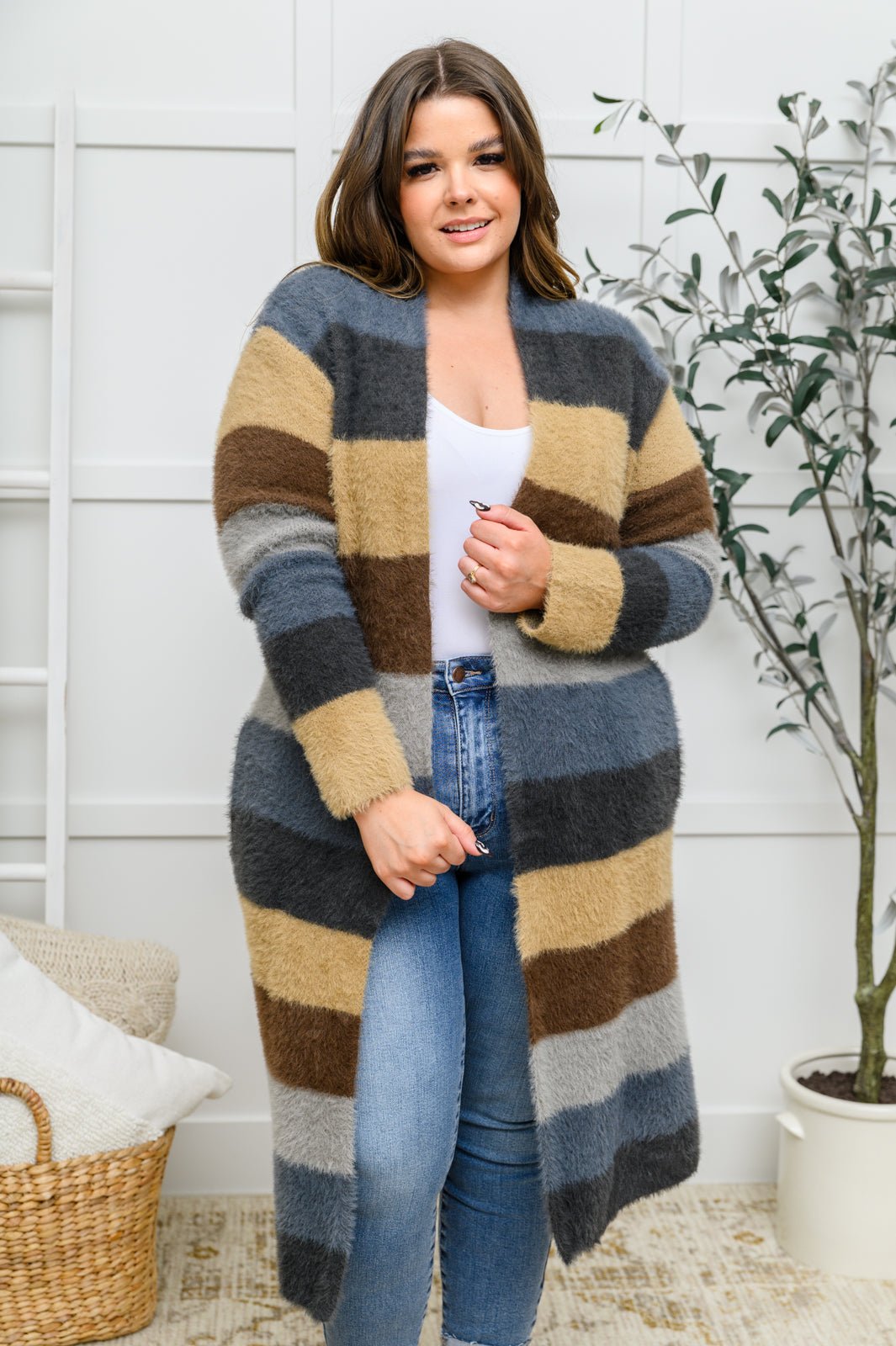 Fuzzy Longline Cardigan In Blue & Cocoa - Driftwood Boutique