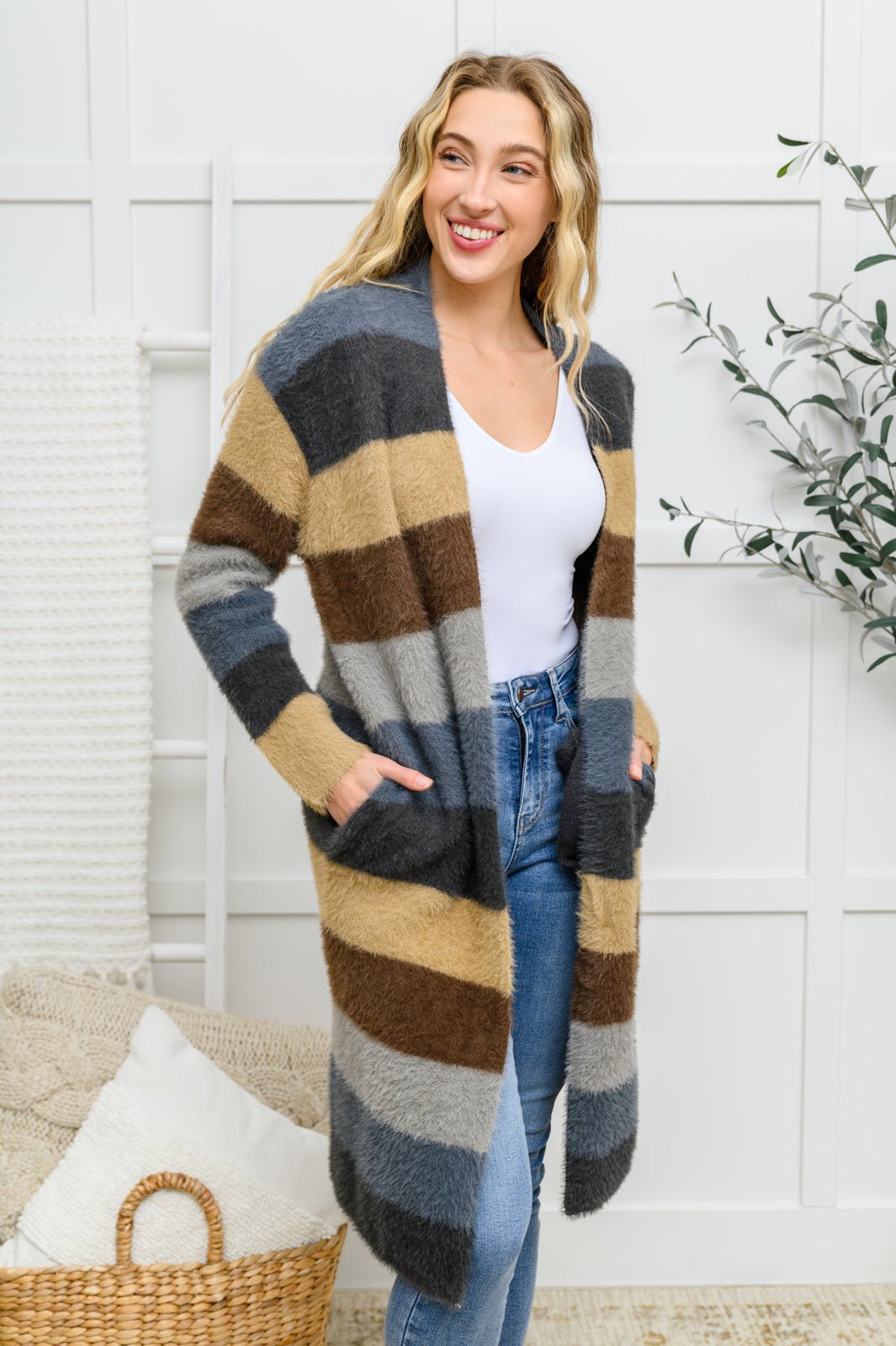 Fuzzy Longline Cardigan In Blue & Cocoa - Driftwood Boutique