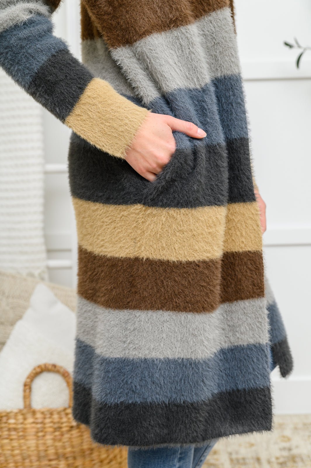 Fuzzy Longline Cardigan In Blue & Cocoa - Driftwood Boutique