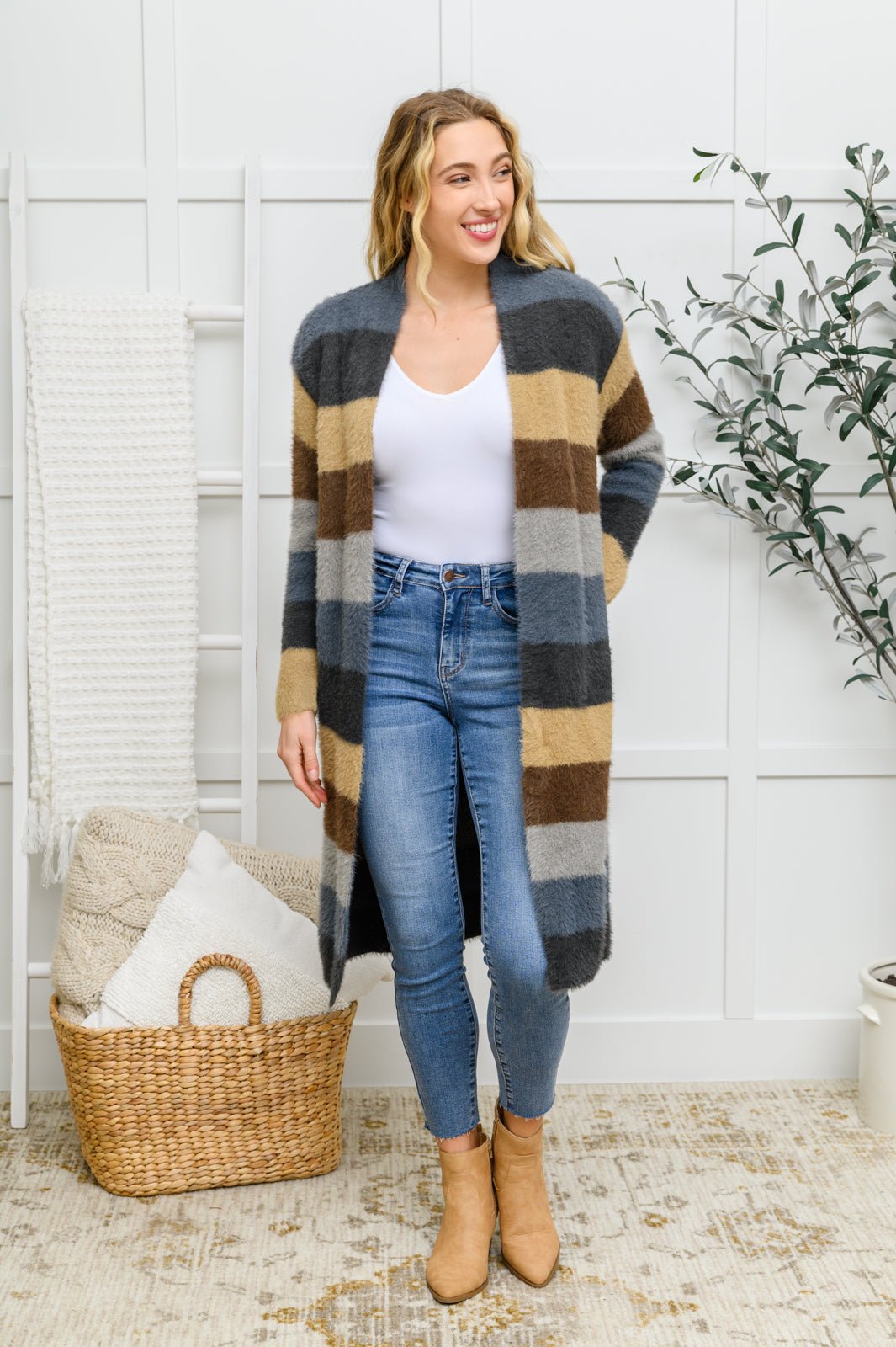 Fuzzy Longline Cardigan In Blue & Cocoa - Driftwood Boutique