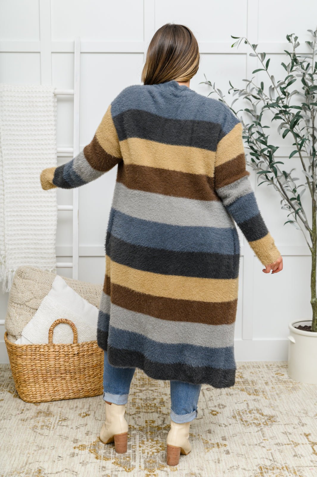 Fuzzy Longline Cardigan In Blue & Cocoa - Driftwood Boutique
