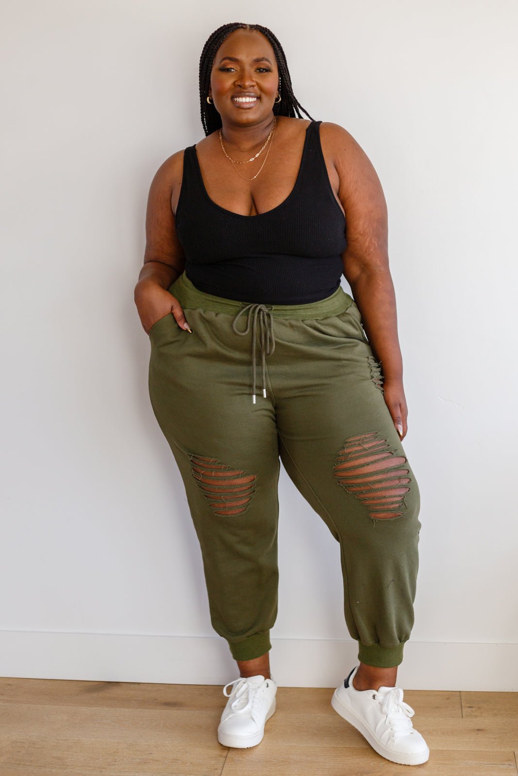 Kick Back Distressed Joggers in Olive - Driftwood Boutique