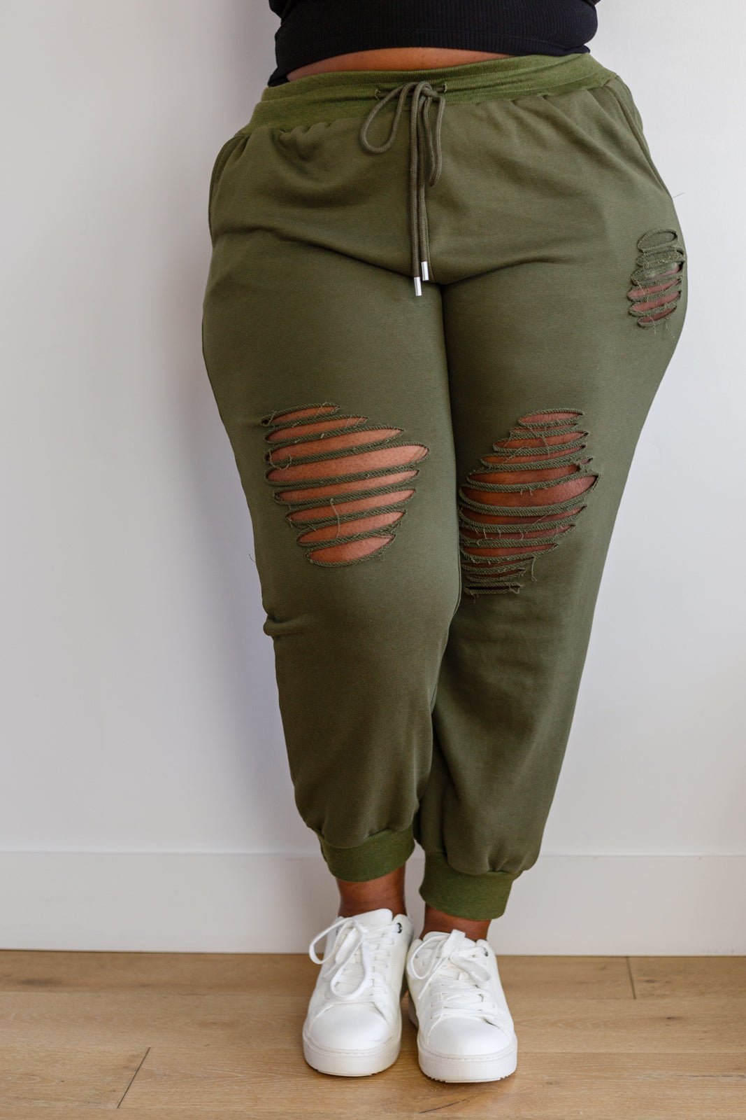 Kick Back Distressed Joggers in Olive - Driftwood Boutique