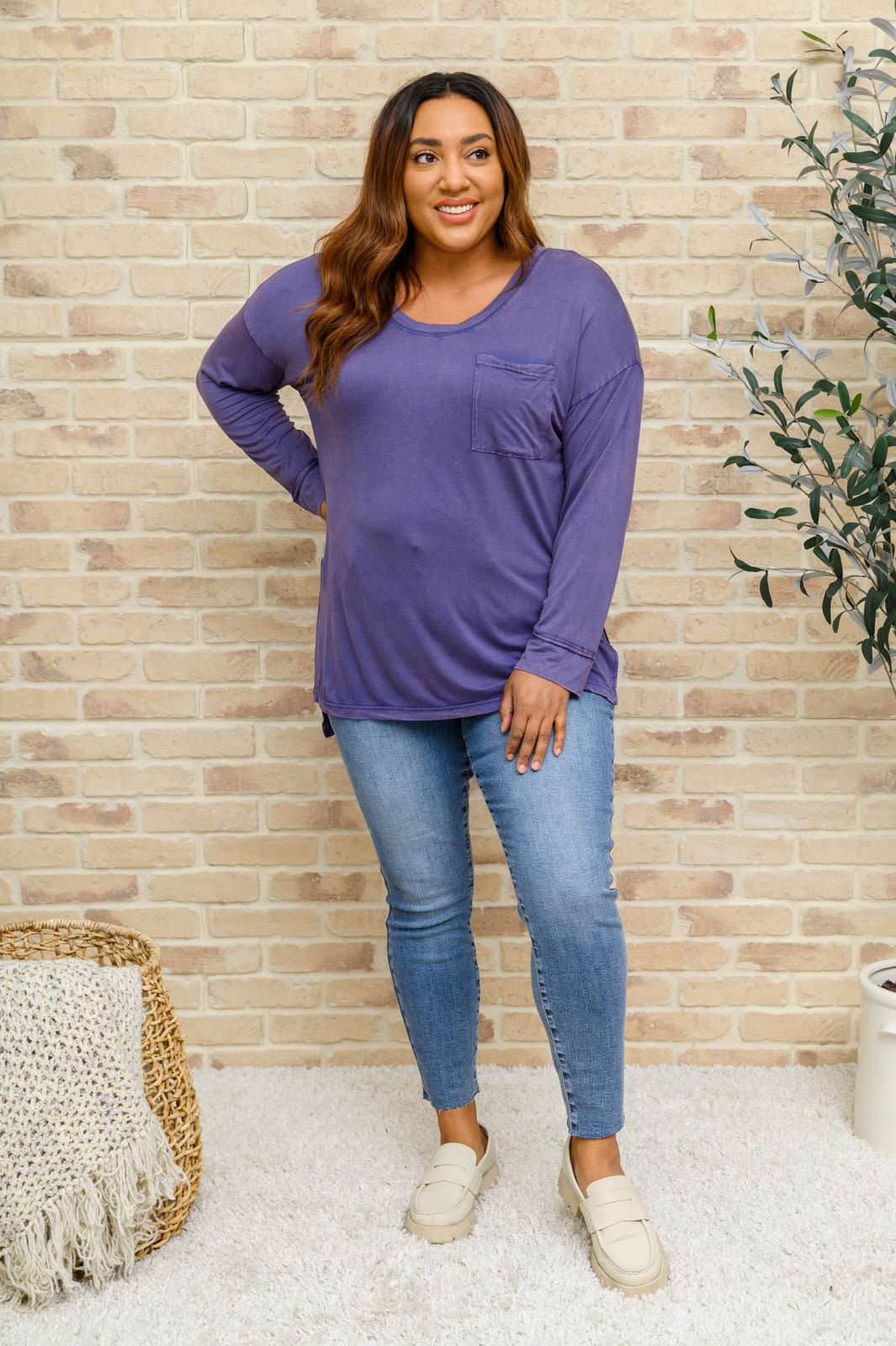 Long Sleeve Knit Top With Pocket In Denim Blue - Driftwood Boutique