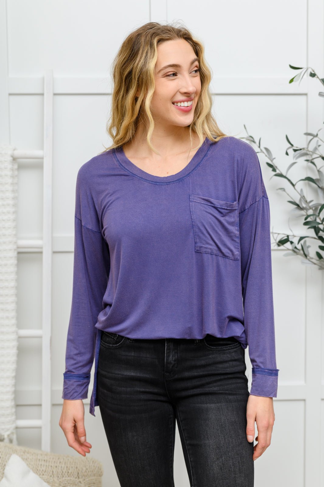 Long Sleeve Knit Top With Pocket In Denim Blue - Driftwood Boutique