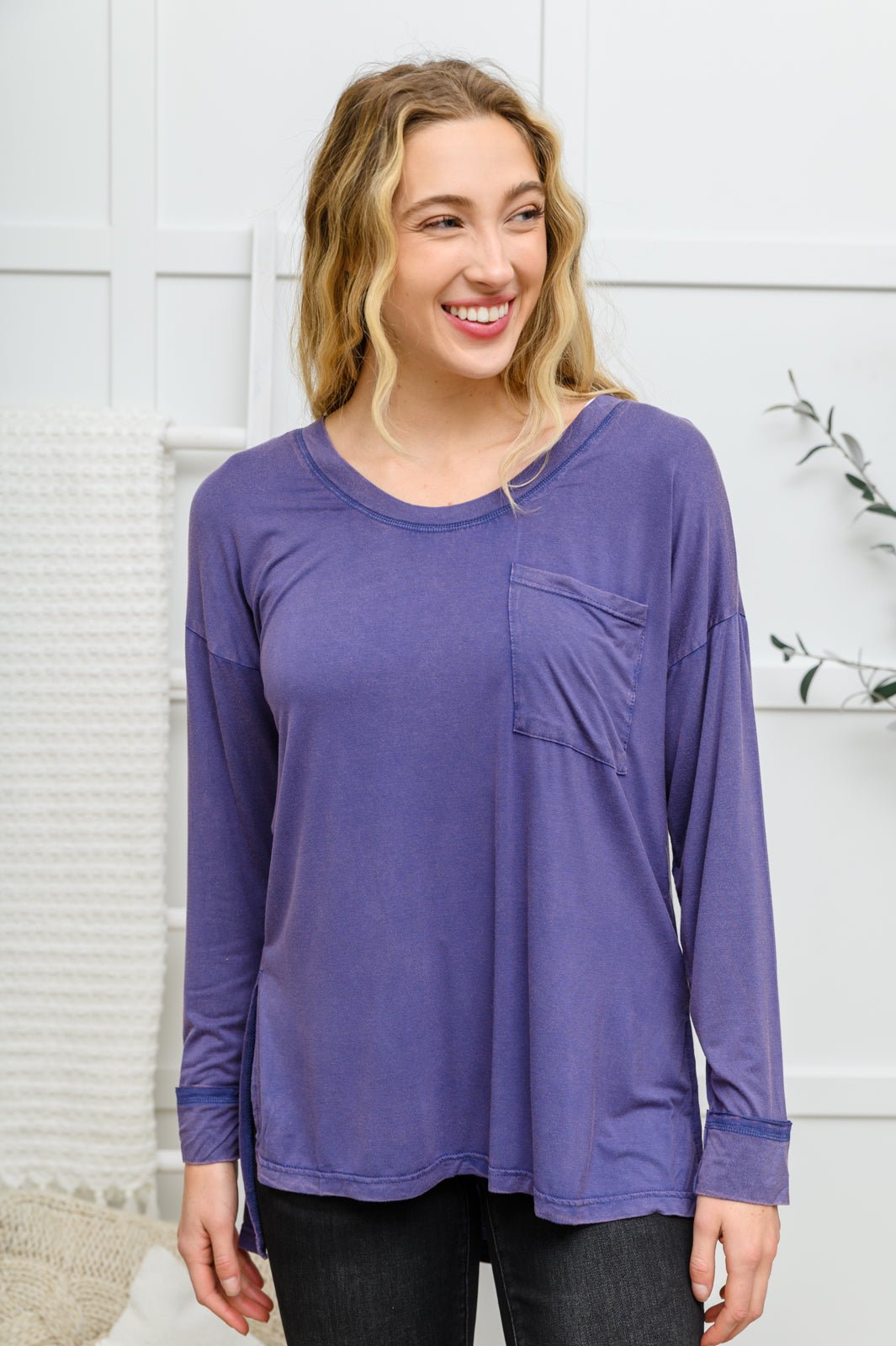 Long Sleeve Knit Top With Pocket In Denim Blue - Driftwood Boutique