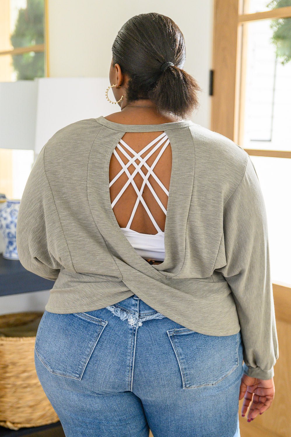 Long Sleeve Solid Knit Open Back Top In Olive - Driftwood Boutique