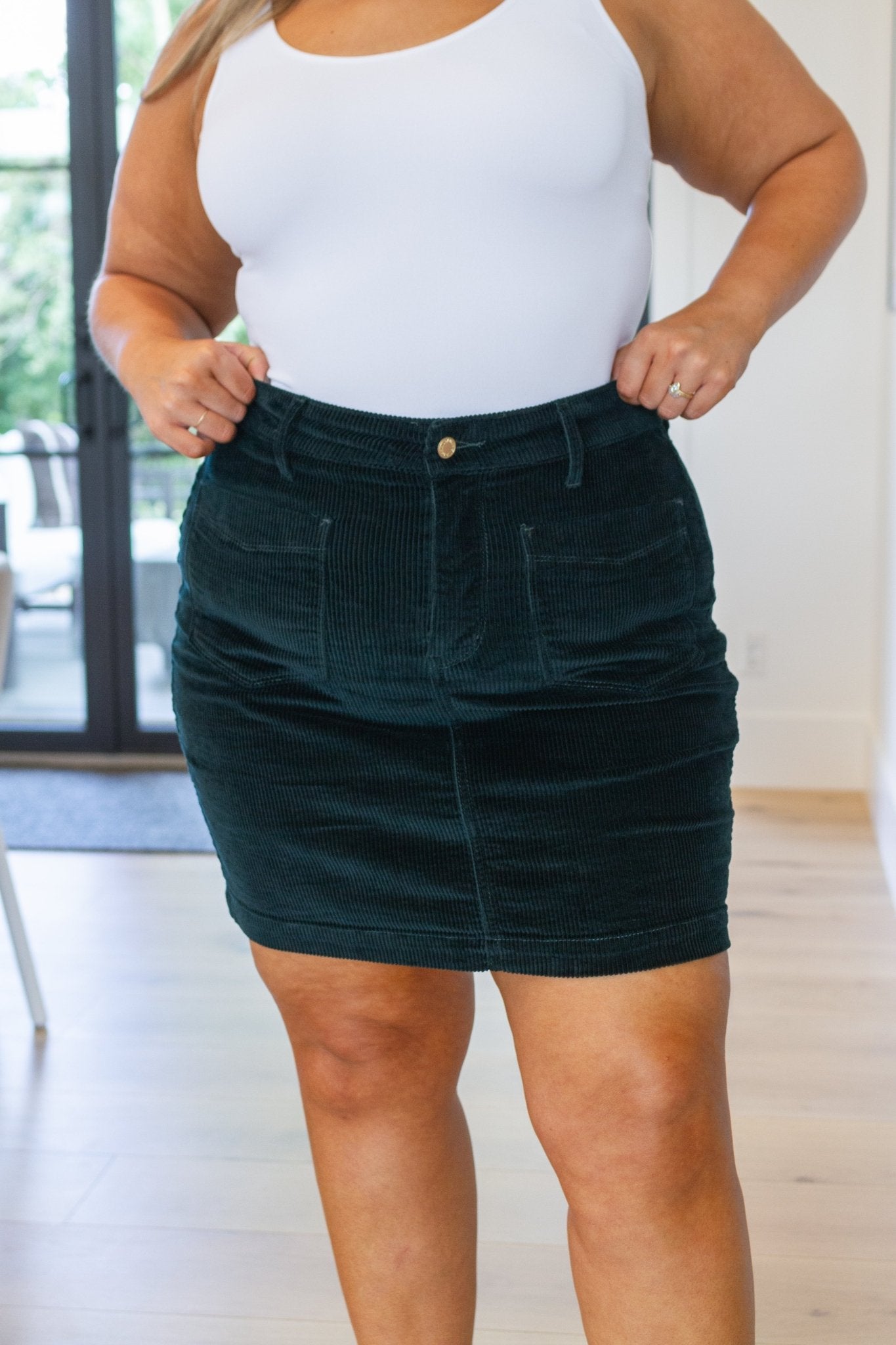 Melinda Corduroy Patch Pocket Skirt in Emerald - Driftwood Boutique