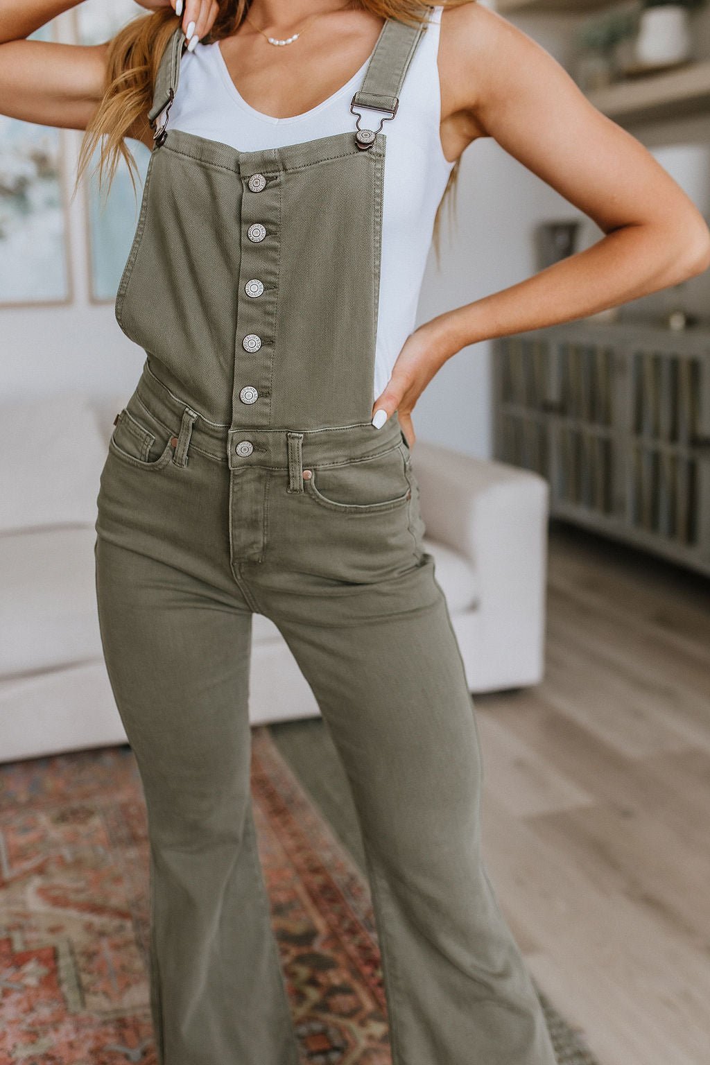 Olivia Control Top Release Hem Overalls in Olive - Driftwood Boutique