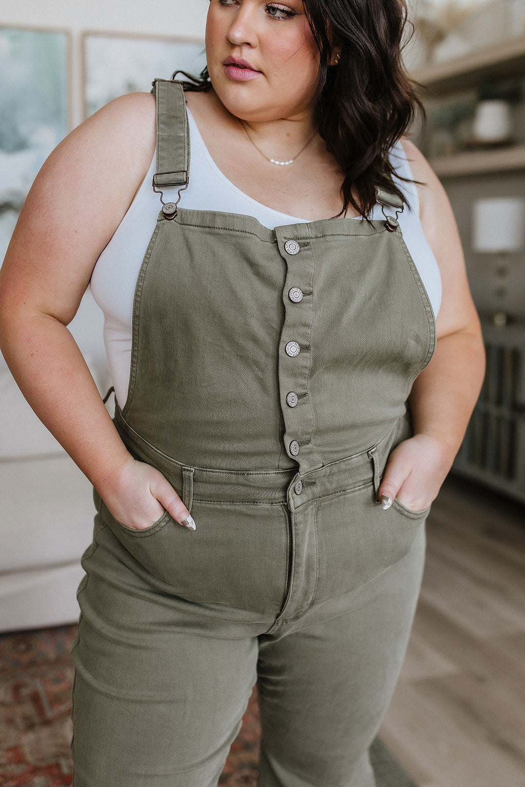 Olivia Control Top Release Hem Overalls in Olive - Driftwood Boutique