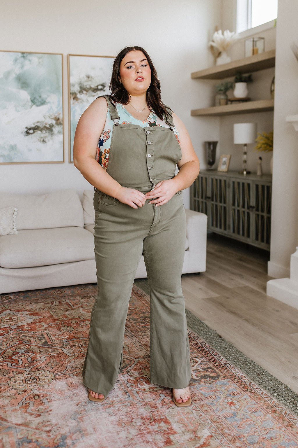 Olivia Control Top Release Hem Overalls in Olive - Driftwood Boutique