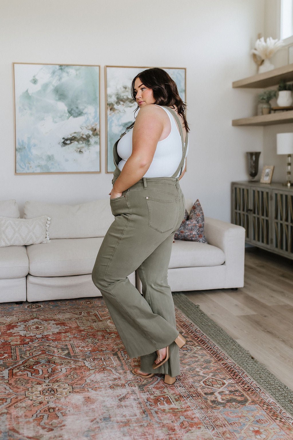 Olivia Control Top Release Hem Overalls in Olive - Driftwood Boutique