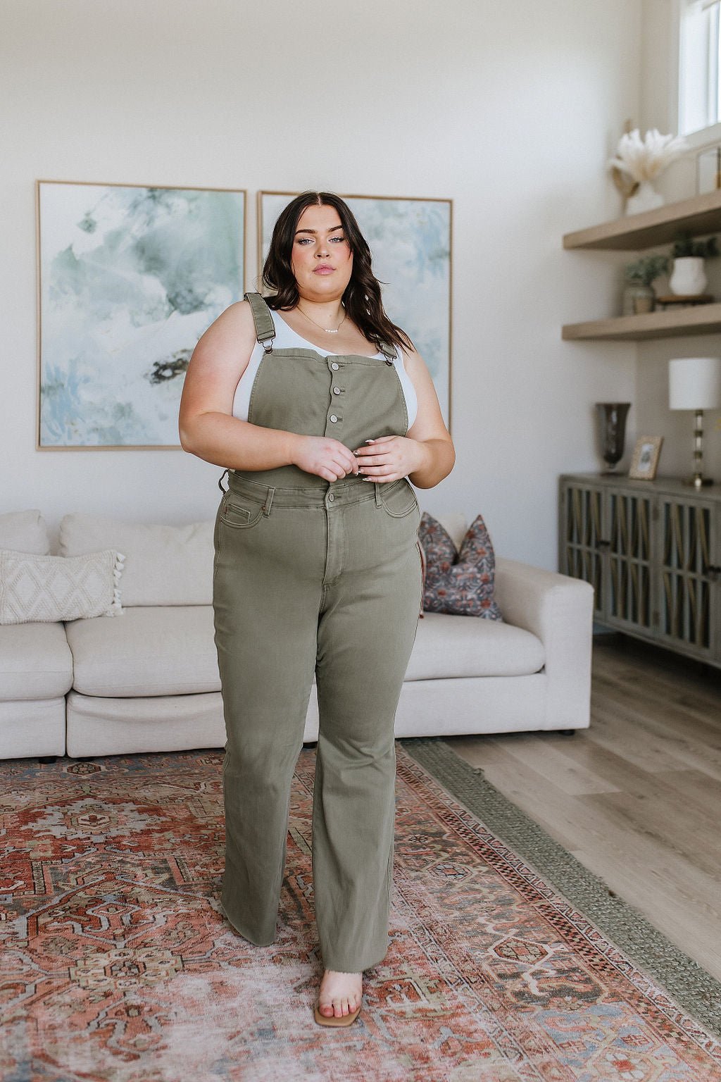 Olivia Control Top Release Hem Overalls in Olive - Driftwood Boutique