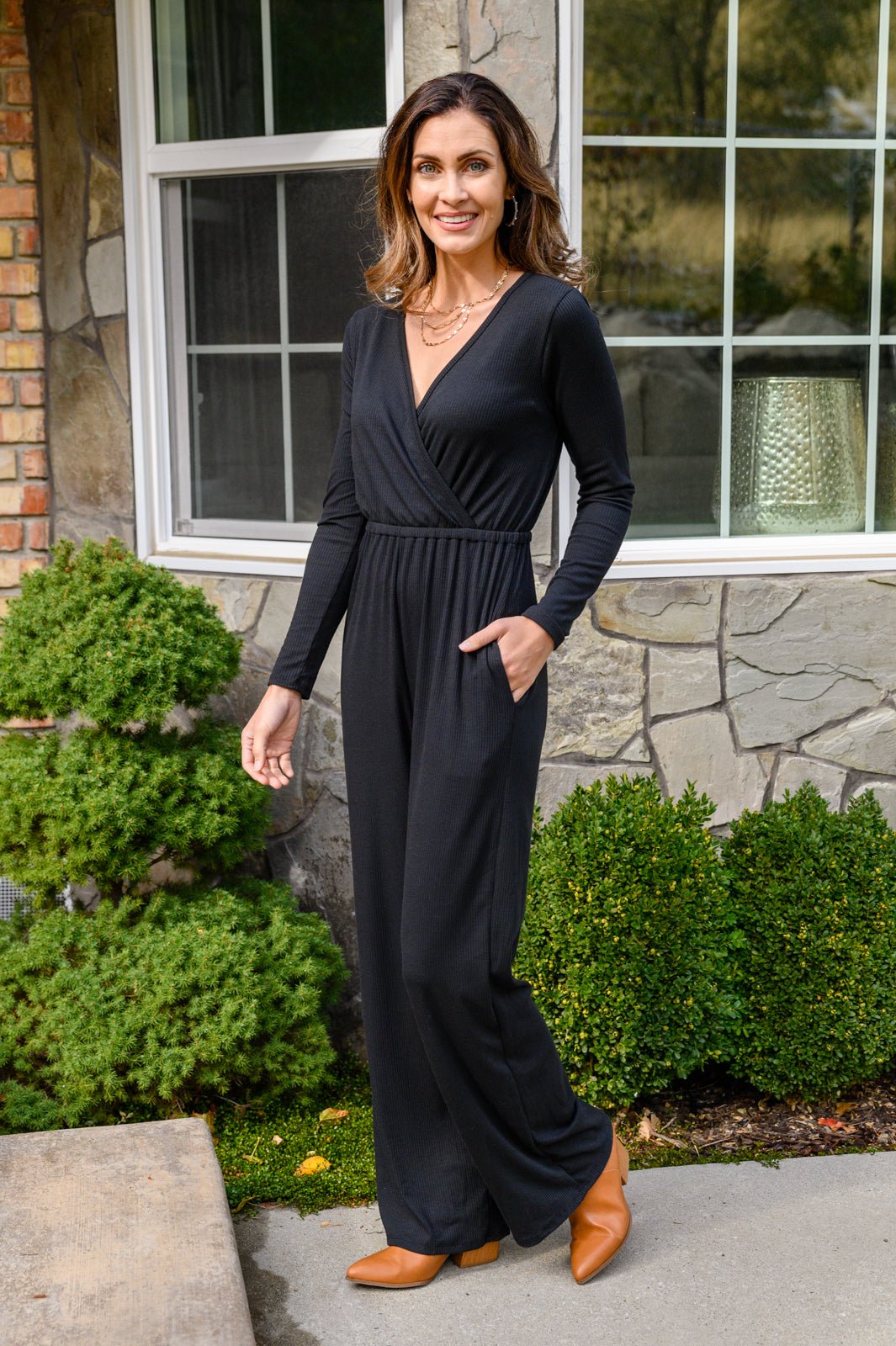 Onward & Upward Faux Wrap Jumpsuit In Black - Driftwood Boutique