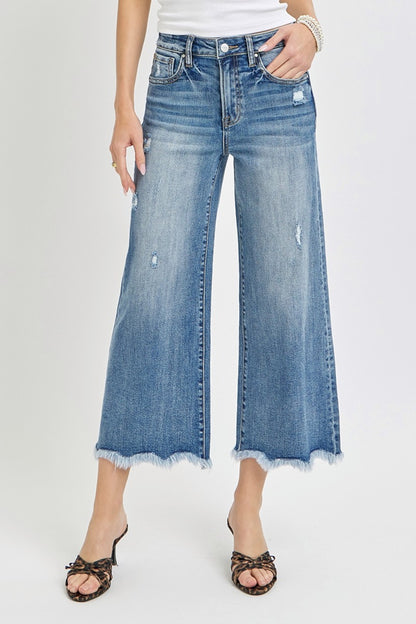 Tawny High Rise Frayed Hem Cropped Flare Jeans