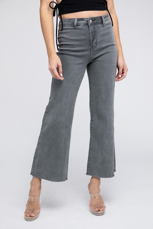 Zenana Acid Wash High Rise Frayed Hem Wide Leg Jeans