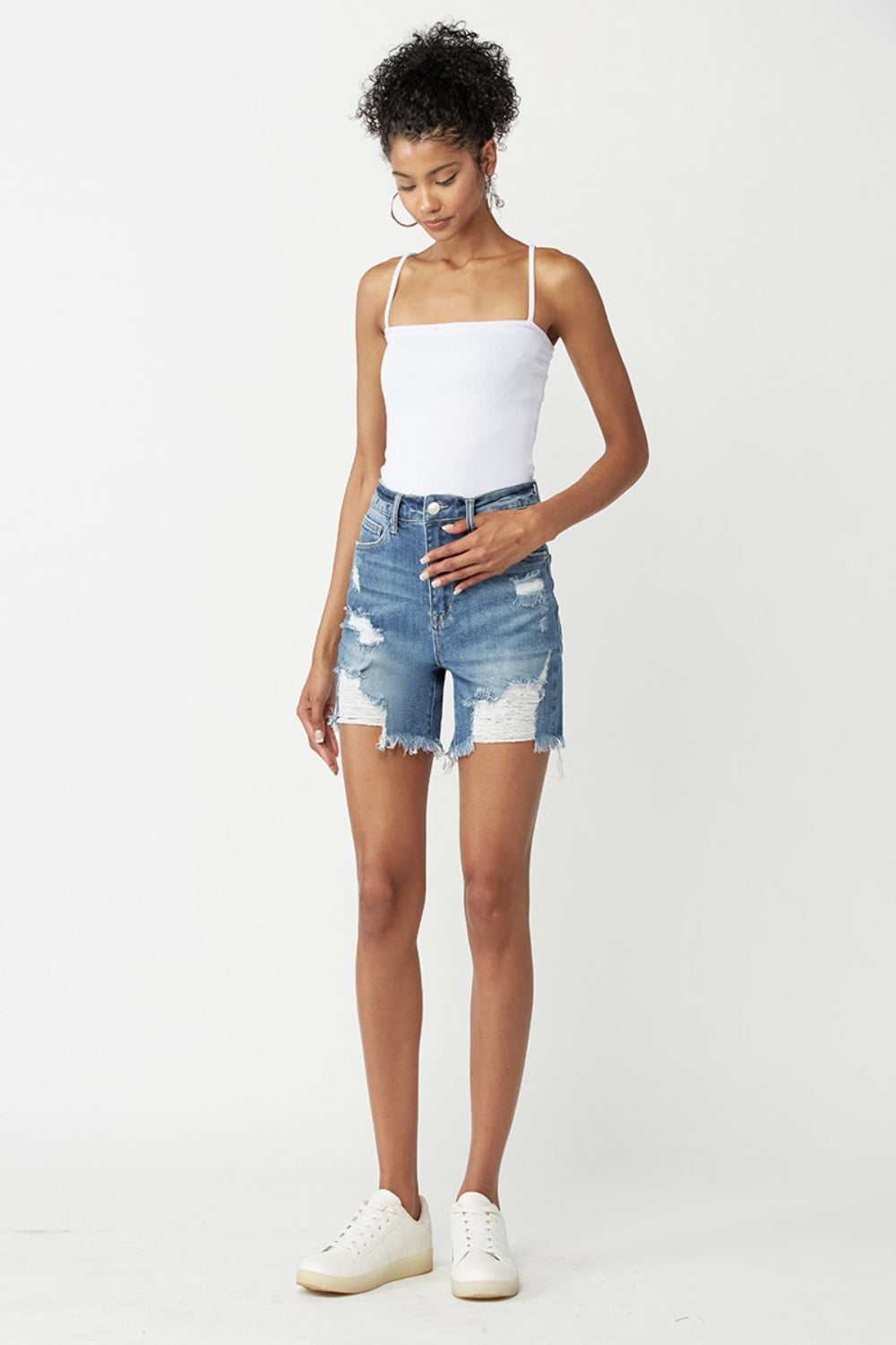 Celia High Rise Distressed Denim Shorts