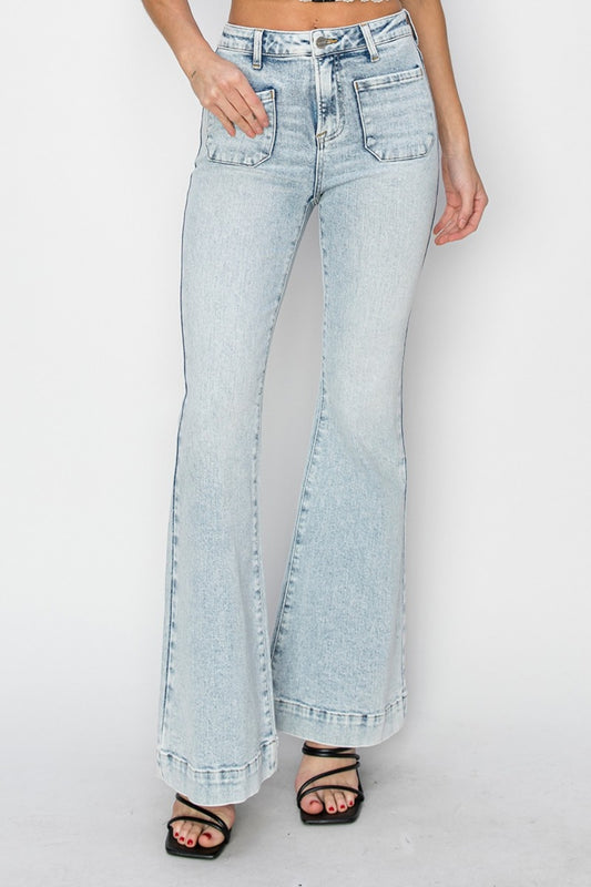 Sanja High Rise Front Patch Pocket Flare Jeans