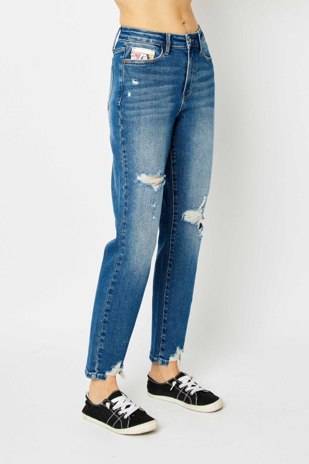 Queen of Hearts Mid Rise Distressed Slim Jeans