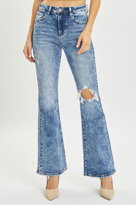 Kori High Rise Acid Wash Distressed Flare Jeans