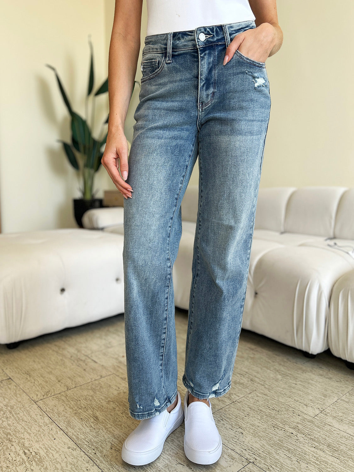 Ronnie High Rise Distressed Straight Jeans