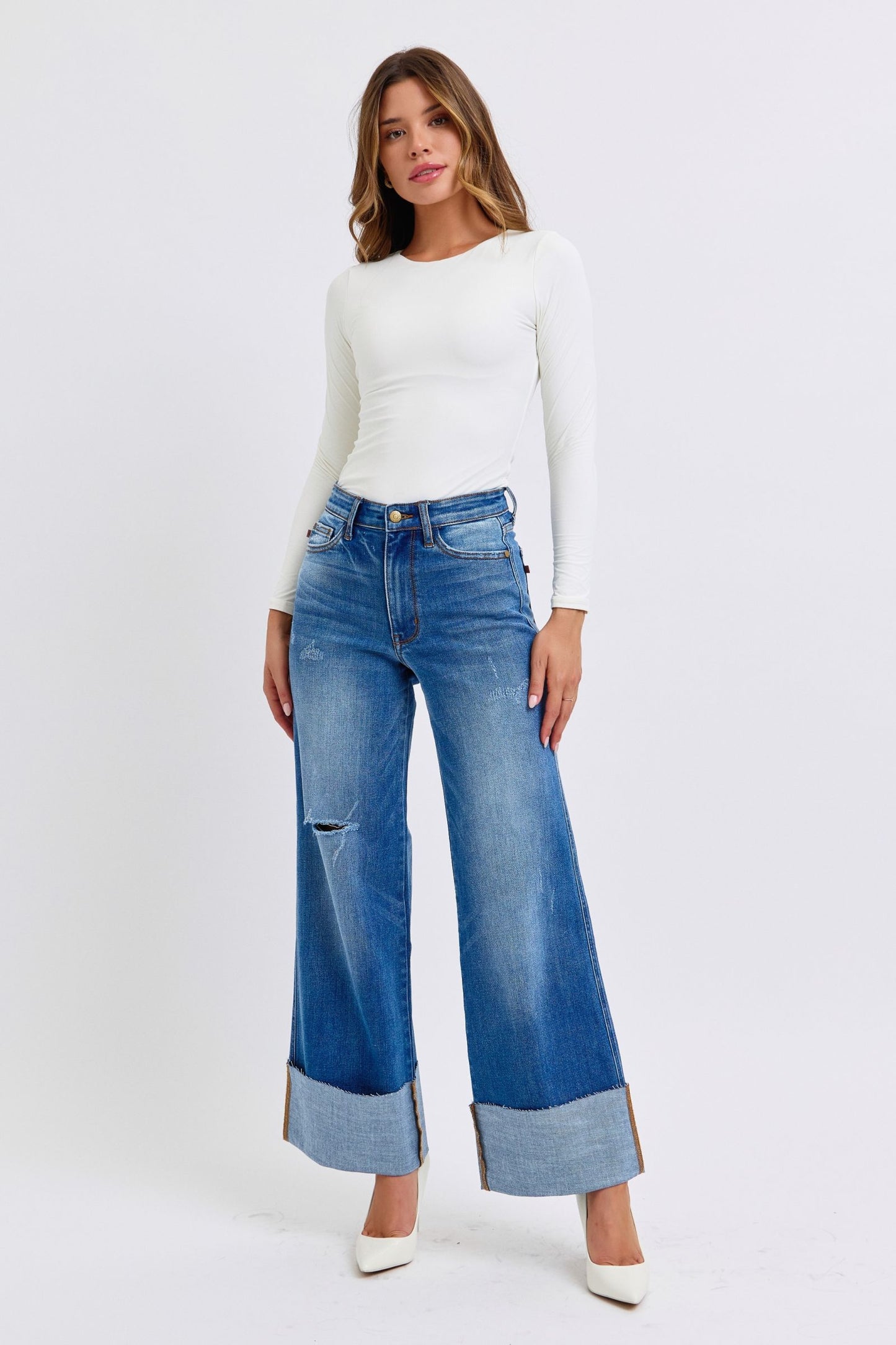 Desi High Rise Distressed Retro Wide Leg Jeans