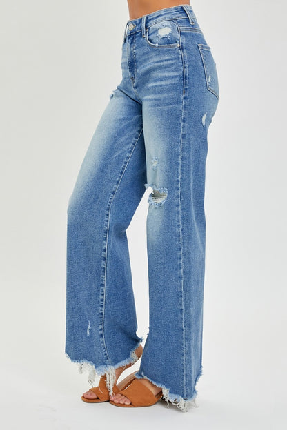 Victoria High Rise Frayed Hem Wide Leg Jeans