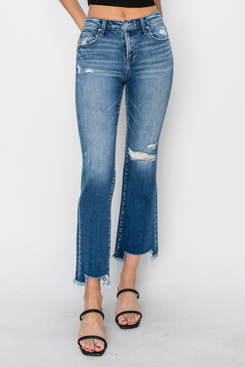 Rowan Mid Rise Frayed Step Hem Ankle Straight Jeans