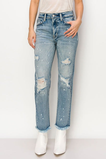 Everly High Rise Distressed Bleach Splatter Straight Jeans