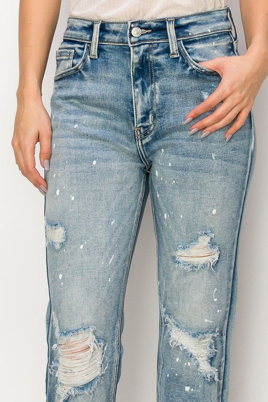 Everly High Rise Distressed Bleach Splatter Straight Jeans