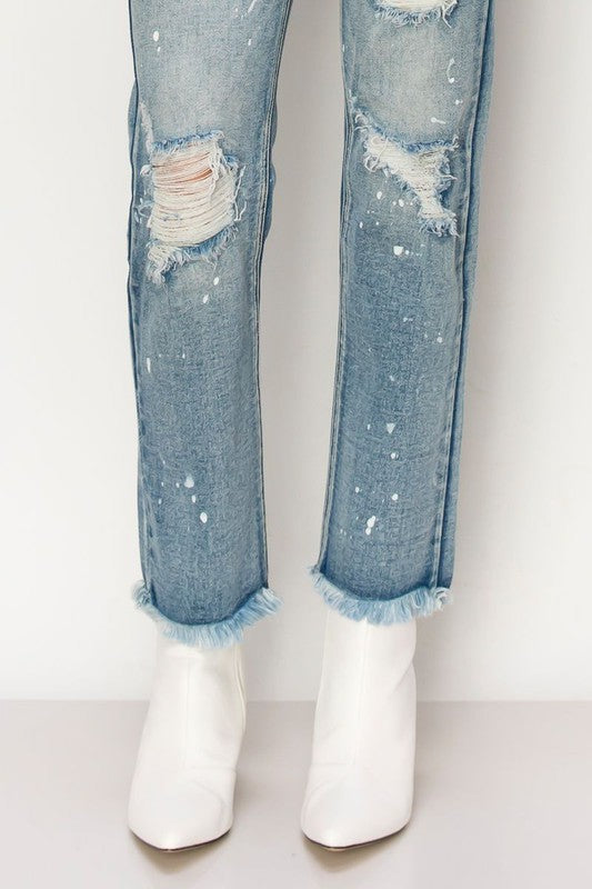 Everly High Rise Distressed Bleach Splatter Straight Jeans