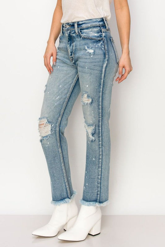 Everly High Rise Distressed Bleach Splatter Straight Jeans