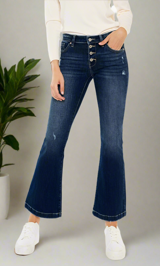 Sydney Mid Rise Button Fly Flare Jeans- Petite