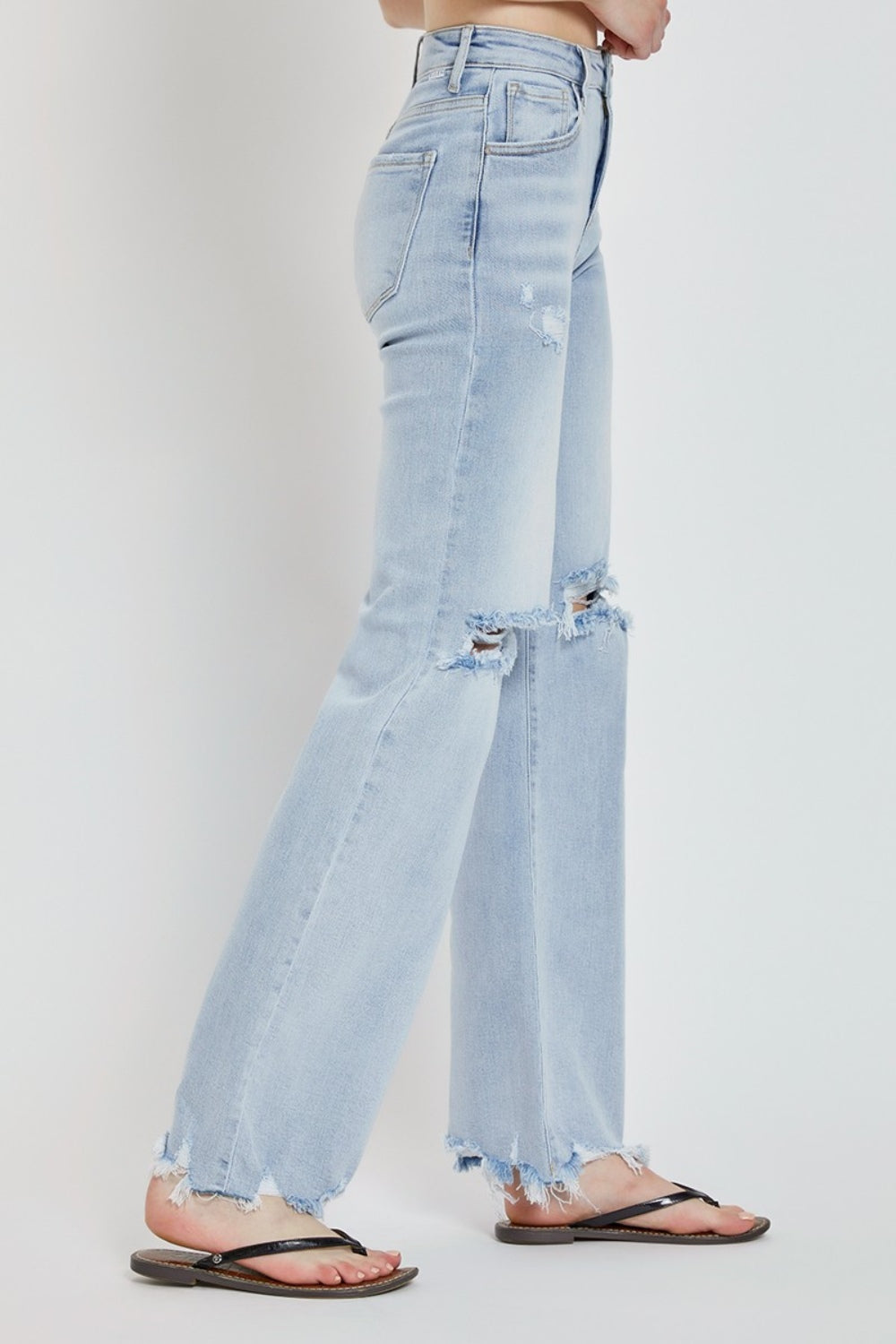 Marty High Rise Distressed Chewed Hem Wide Leg Jeans