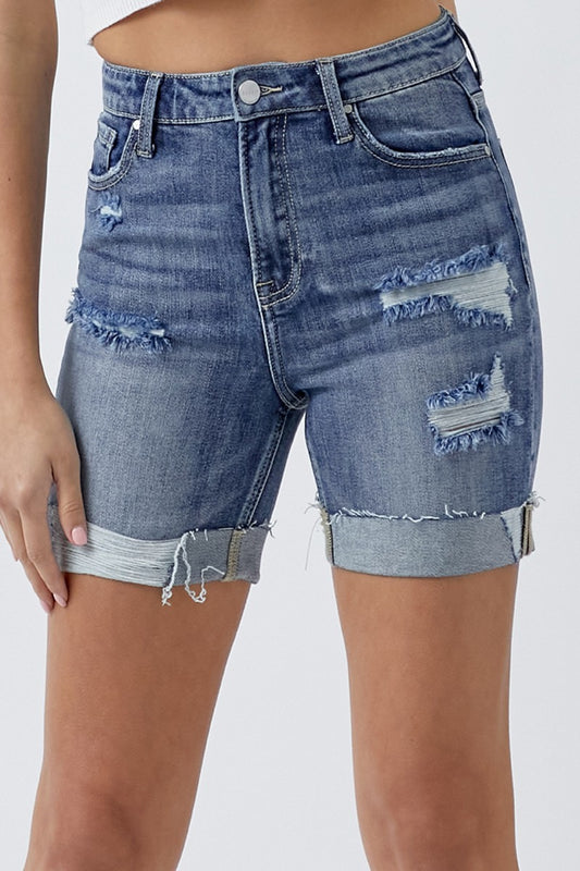 Lea High Rise Cuffed Hem Distressed Denim Shorts