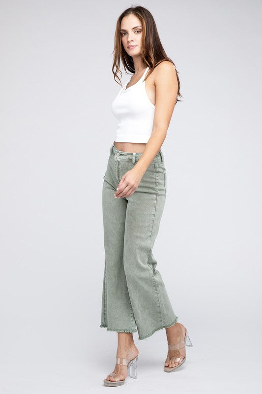 Zenana Acid Wash High Rise Frayed Hem Wide Leg Jeans