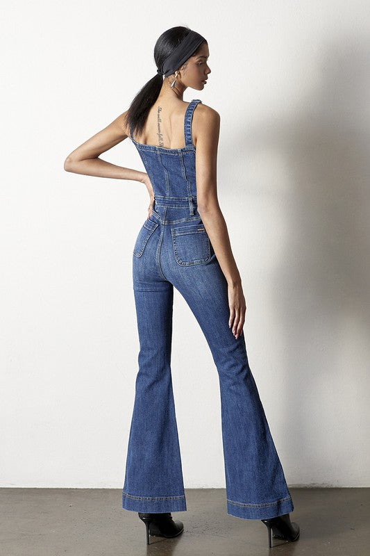 Charlene Retro Flare Denim Overall Jumpsuit