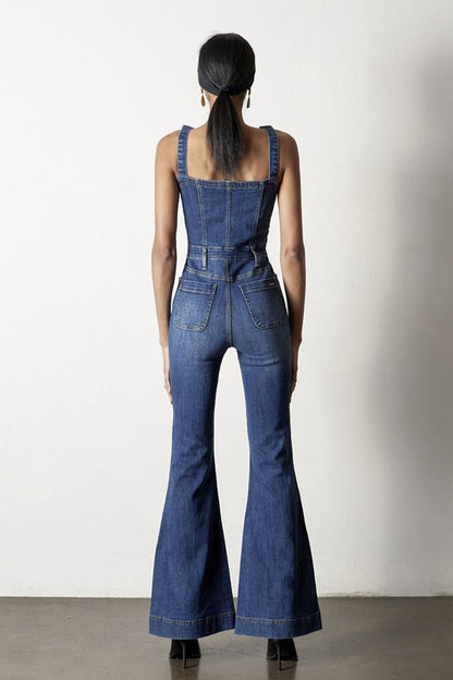 Charlene Retro Flare Denim Overall Jumpsuit